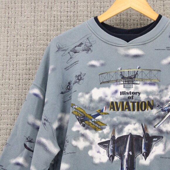 Vintage Art Unlimited Sweatshirt Mens XL History Of Aviation All Over Print 90s - Picture 4 of 9